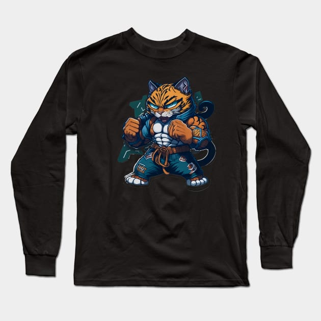 Tiger Cat Fight Club: Cartoon Feline in Jeans and Tee Long Sleeve T-Shirt by ImaginativeInkPOD